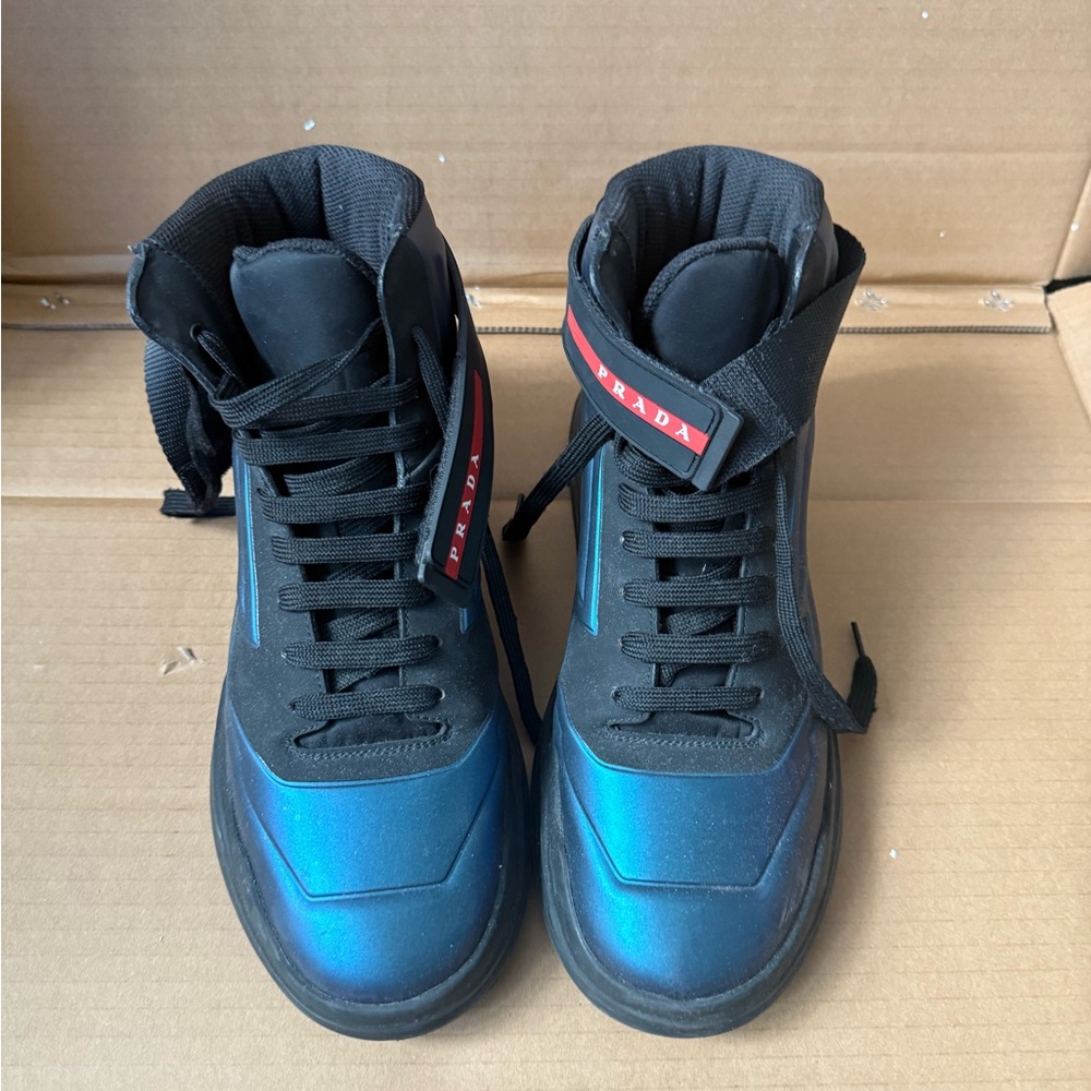 Prada Men's Black and Metallic Blue Sneakers
